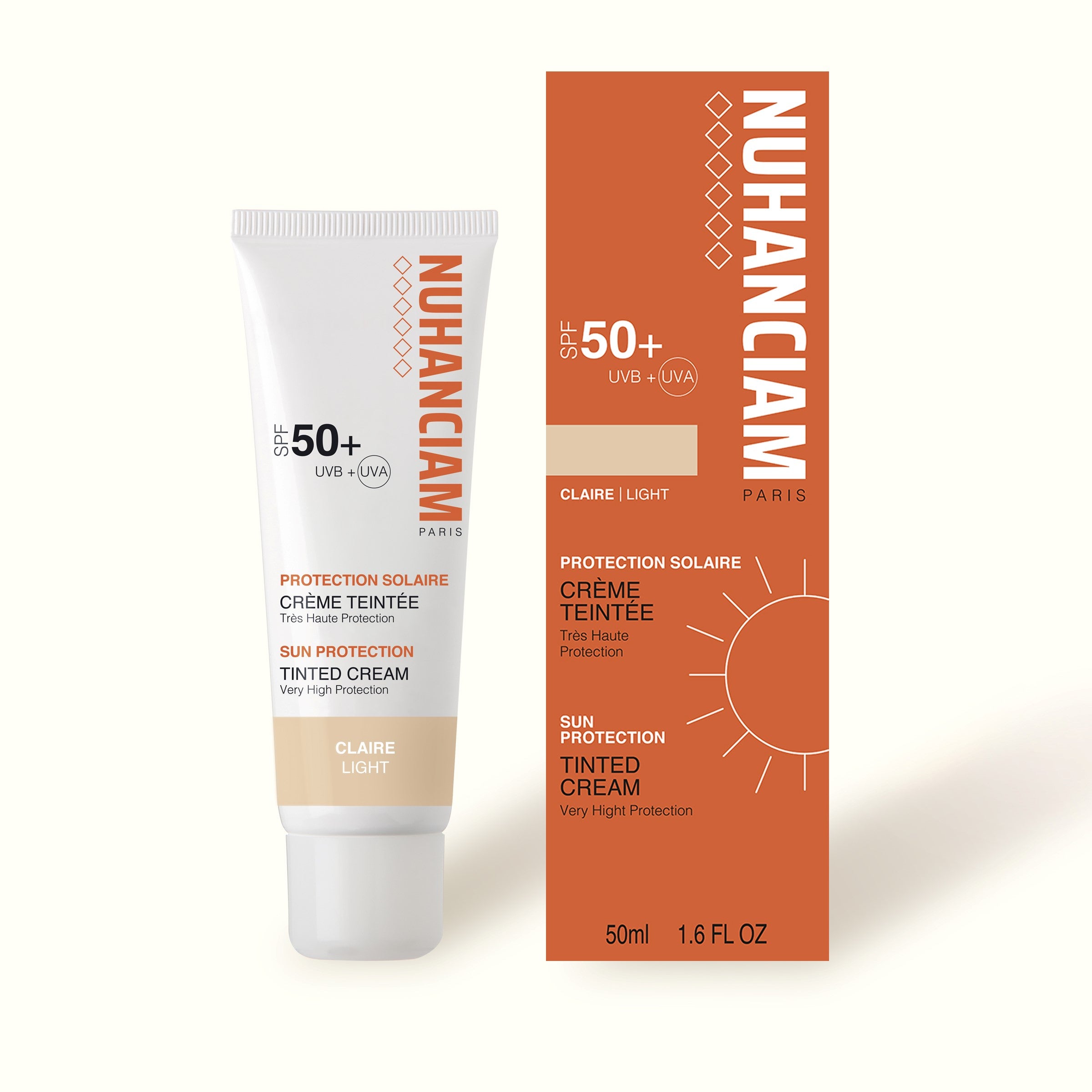 Tube protection Solaire Nuhanciam : La Crème Teintée SPF50+ en teinte claire.