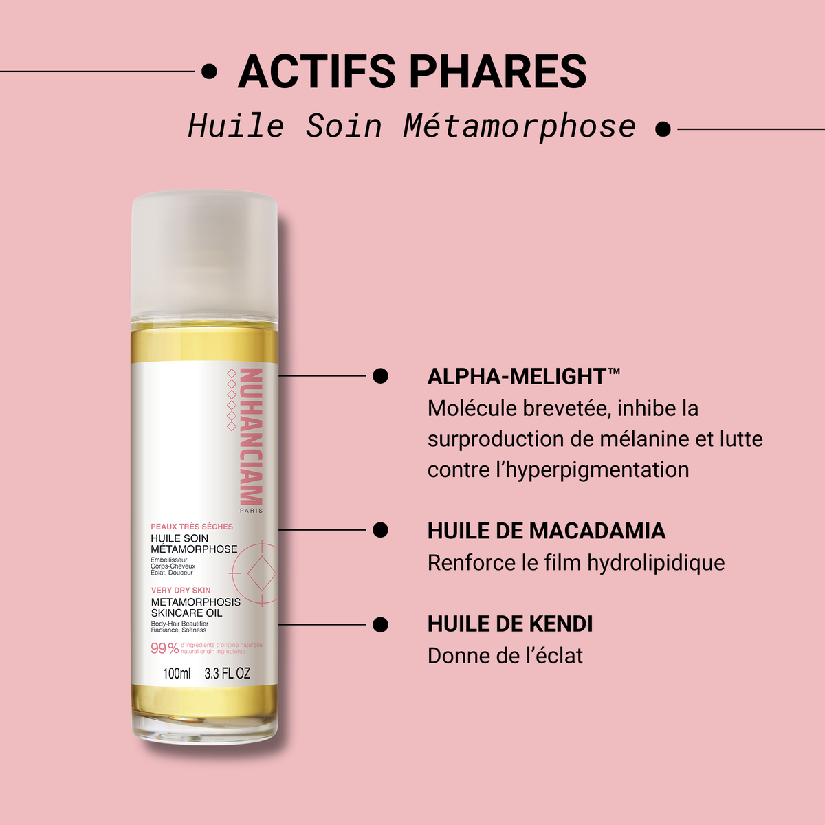 Huile De Soin Multi-usage Métamorphose Nuhanciam - 100ml, 100% Naturelle Bio - Pour Corps Et Cheveux