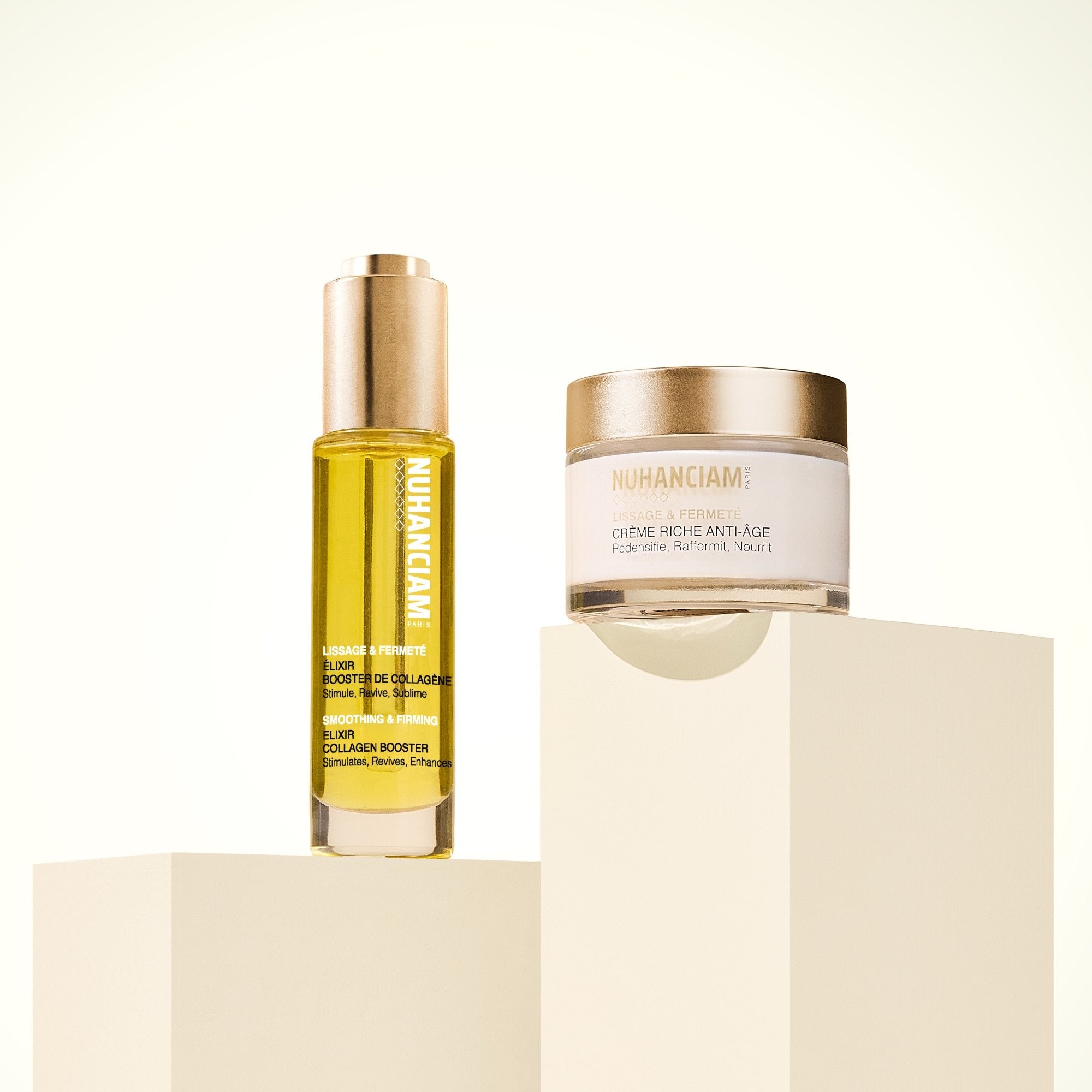 NUHANCIAM Collagen Booster Elixir and Rich Anti-Aging Cream showcased on a podium — anti-aging routine for mature skin