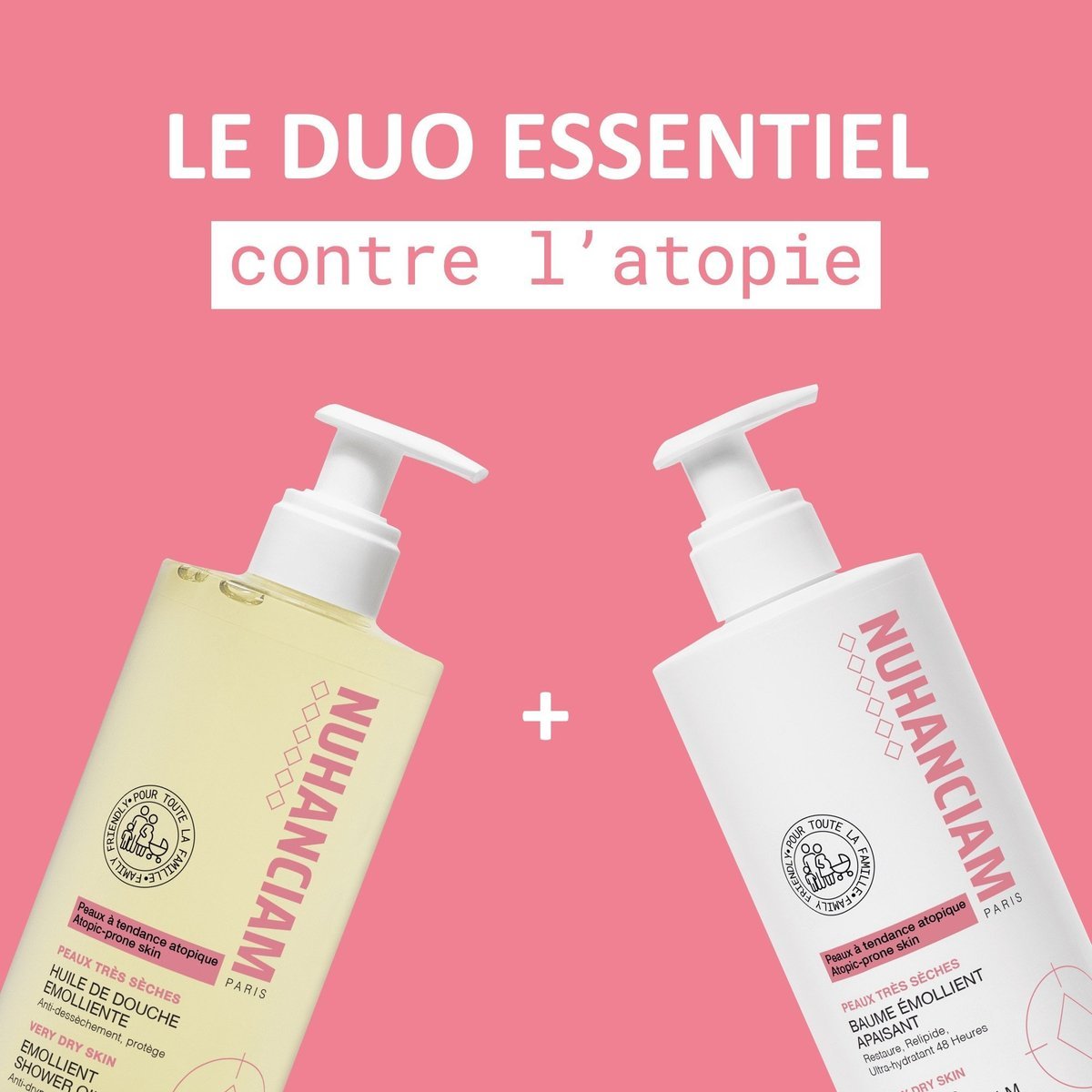 Huile De Douche Émolliente Lavante NUHANCIAM et baume émollient apaisant sur fond rose