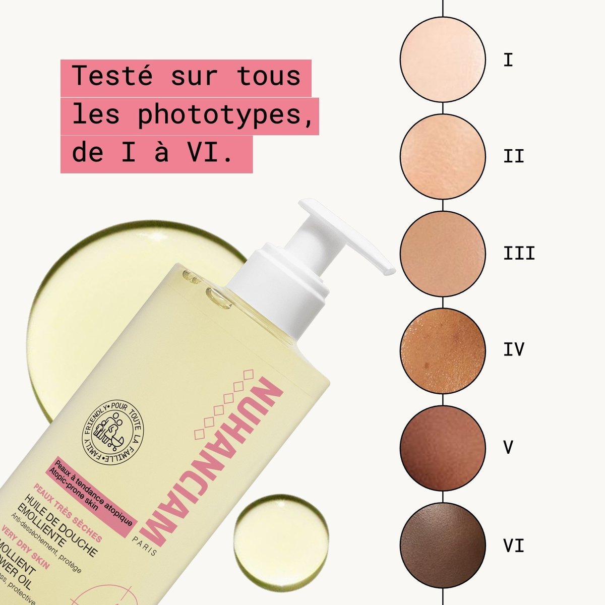 Bouteille d'Huile De Douche Émolliente Lavante NUHANCIAM avec des échantillons de peau de phototypes I à VI