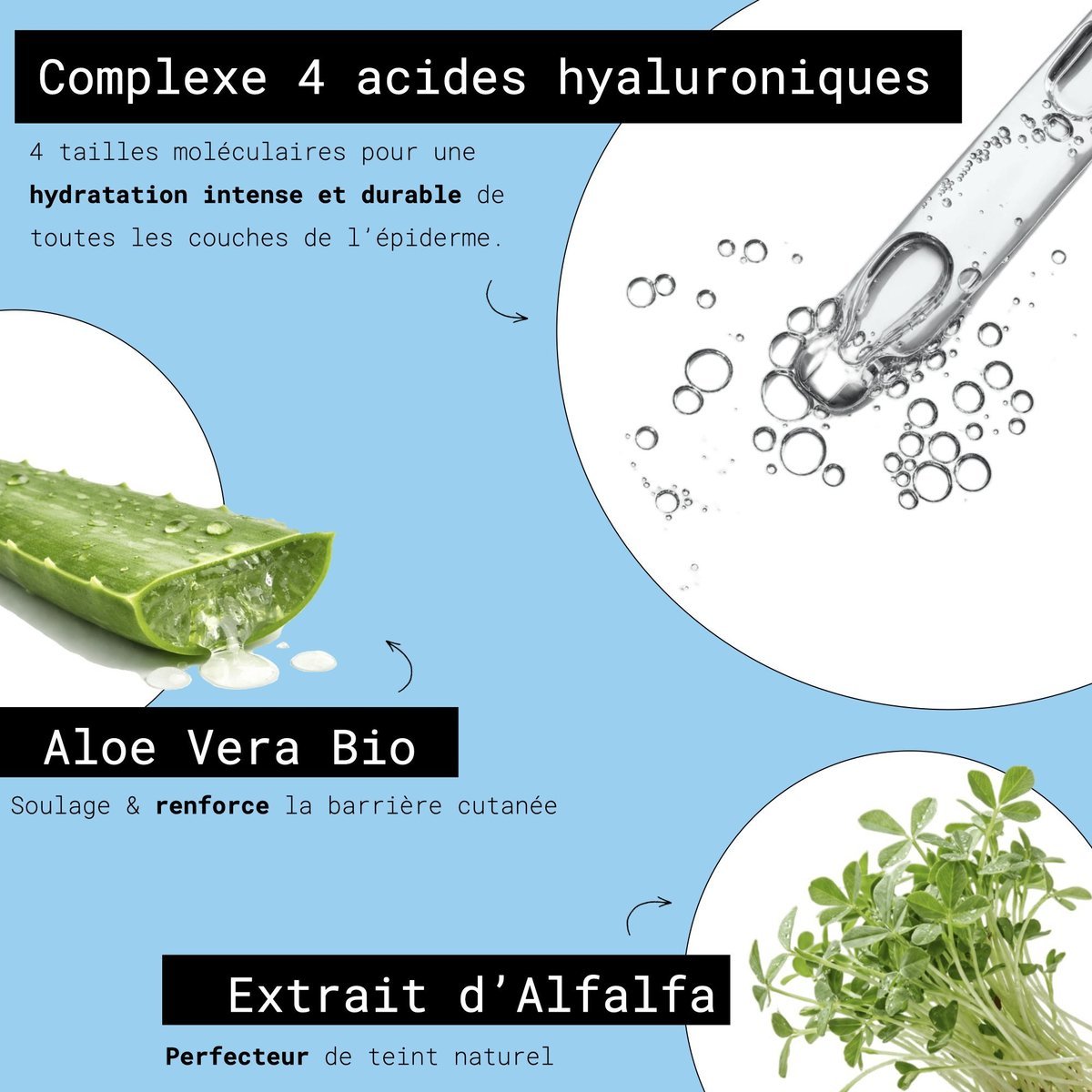 Sérum Hydratant 24h NUHANCIAM avec 4 acides hyaluroniques, aloe vera bio et extrait d'alfalfa